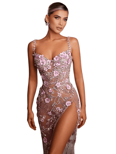 Diamond-Beaded Pink Sheer Gown Spaghetti Strap Pearls Sequins Structured Flowers High Split Mesh Trendy Celebrity Party Gown